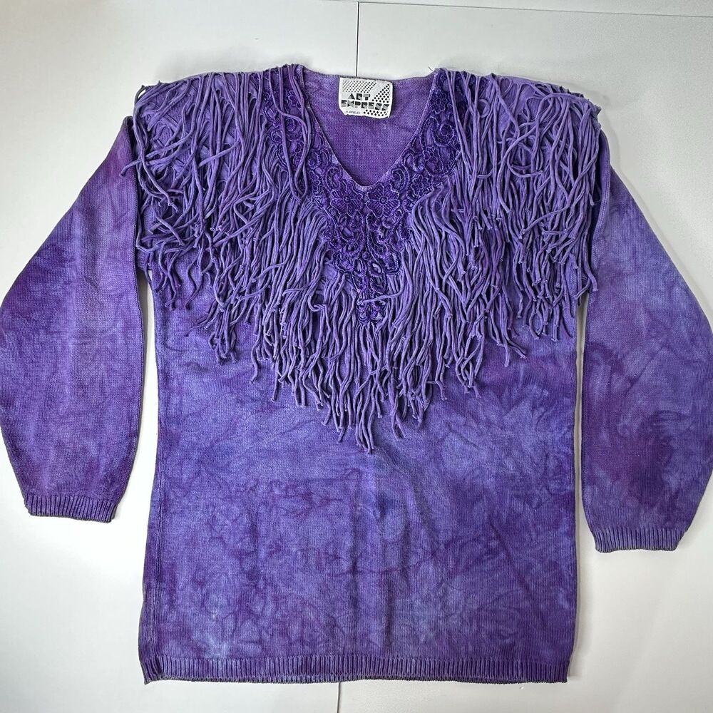 Vintage Art Express Purple Tie Dye Sweater One Size Fringe 80s Glam Western USA - Picture 11 of 14